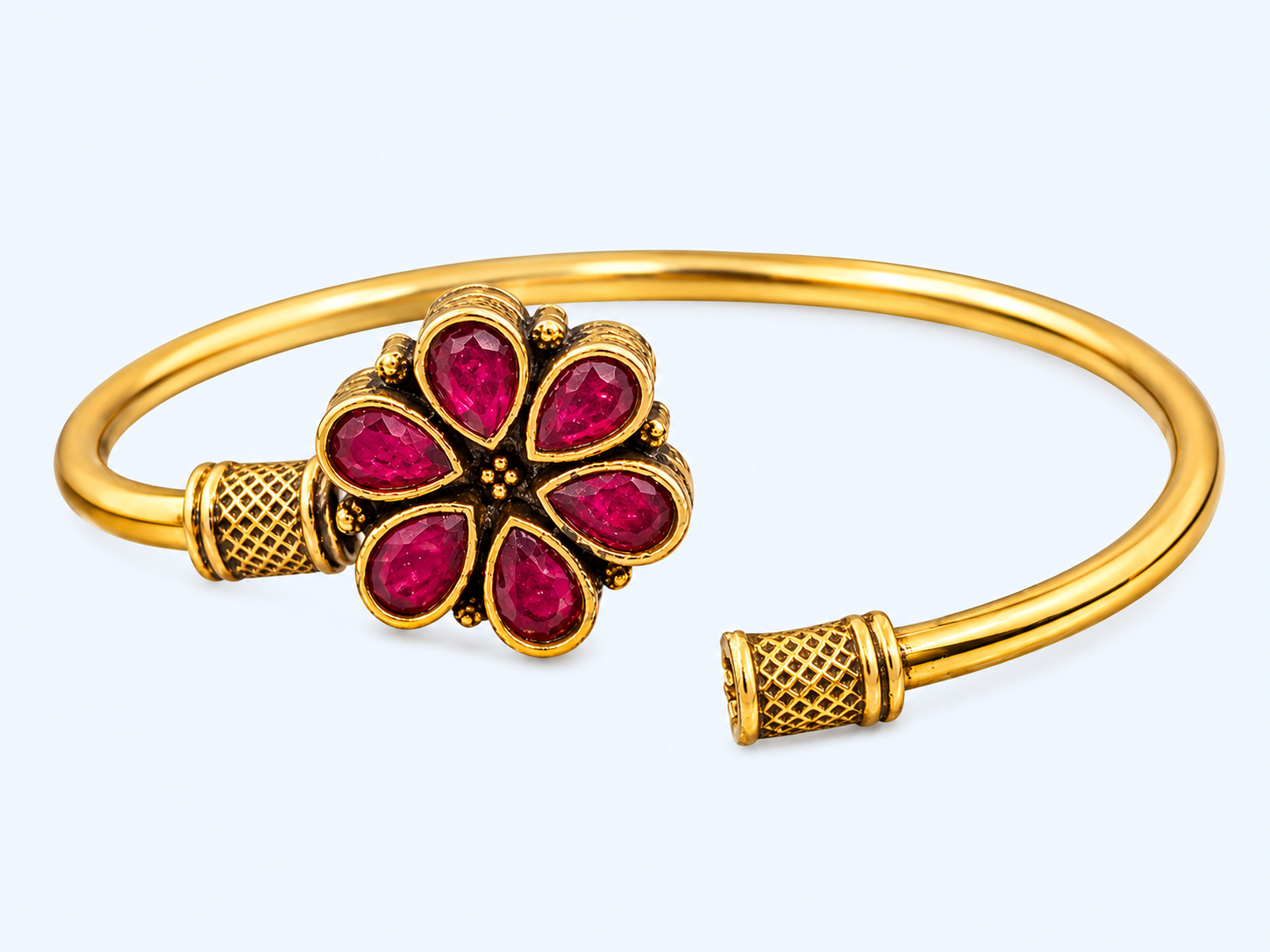 Ruby Floral Open Cuff Bracelet - Ethnic Gold Wholesale Jewelry